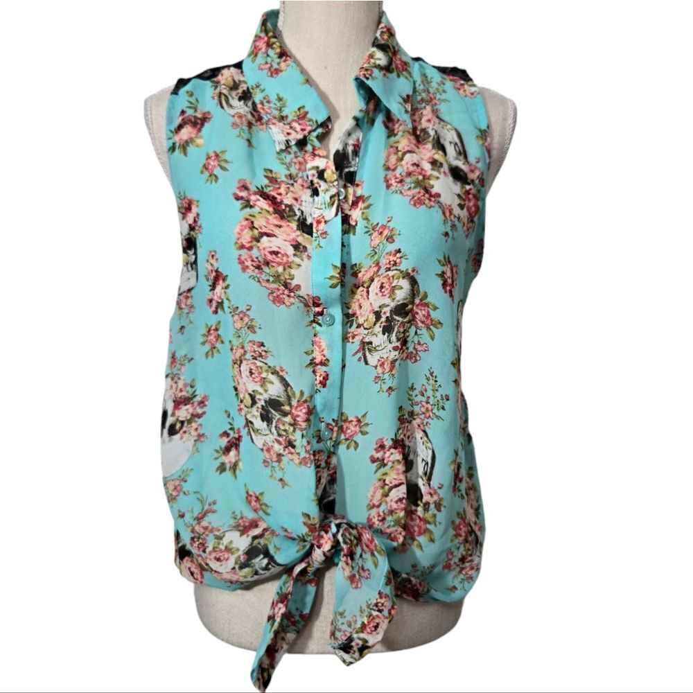 Sleeveless Tie-Front Floral Blouse - Aqua